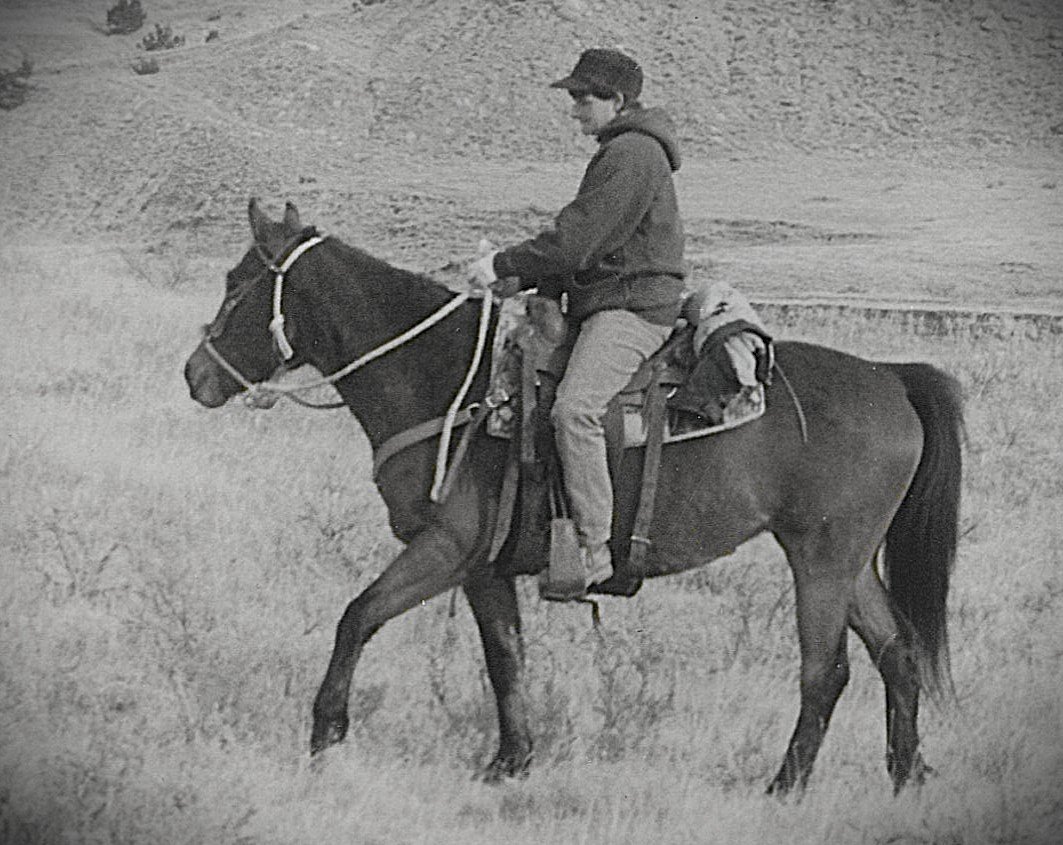 Black and white photo of a rider on a young horse.