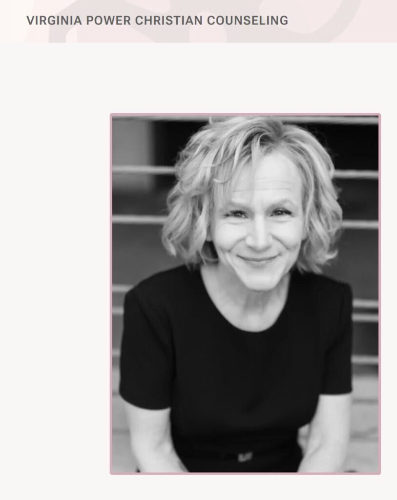 SScreenshot of a website Hero section featuring a black and white photo of a beautiful Christian counsellor in a black top.